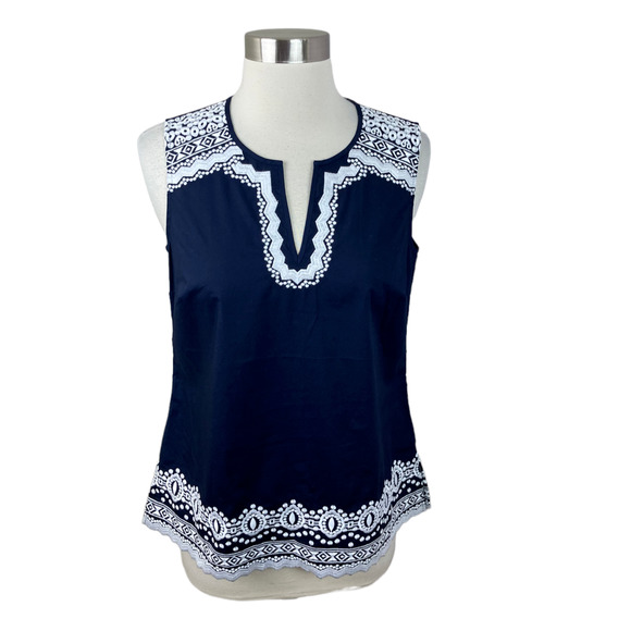 Talbots NEW P Navy Blue White Embroidered Trim Sleeveless V Neck Blouse - Picture 1 of 3